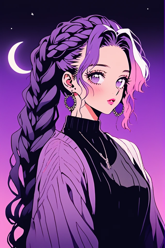 (Highest quality, sketch:1.2),Realistic,Illustrator,anime,1 girl, Detailed lips,sweater,custom,Pink gradient background,Neon Hair,Texture Clipping,masterpiece, style: Retro Classic, Dark Black、Braiding、Under the Moon、黒とpurpleの髪、Beautiful books、Long Hair、Hair is Night 、purple