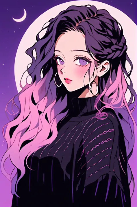 (Highest quality, sketch:1.2),Realistic,Illustrator,anime,1 girl, Detailed lips,sweater,custom,Pink gradient background,Neon Hai...