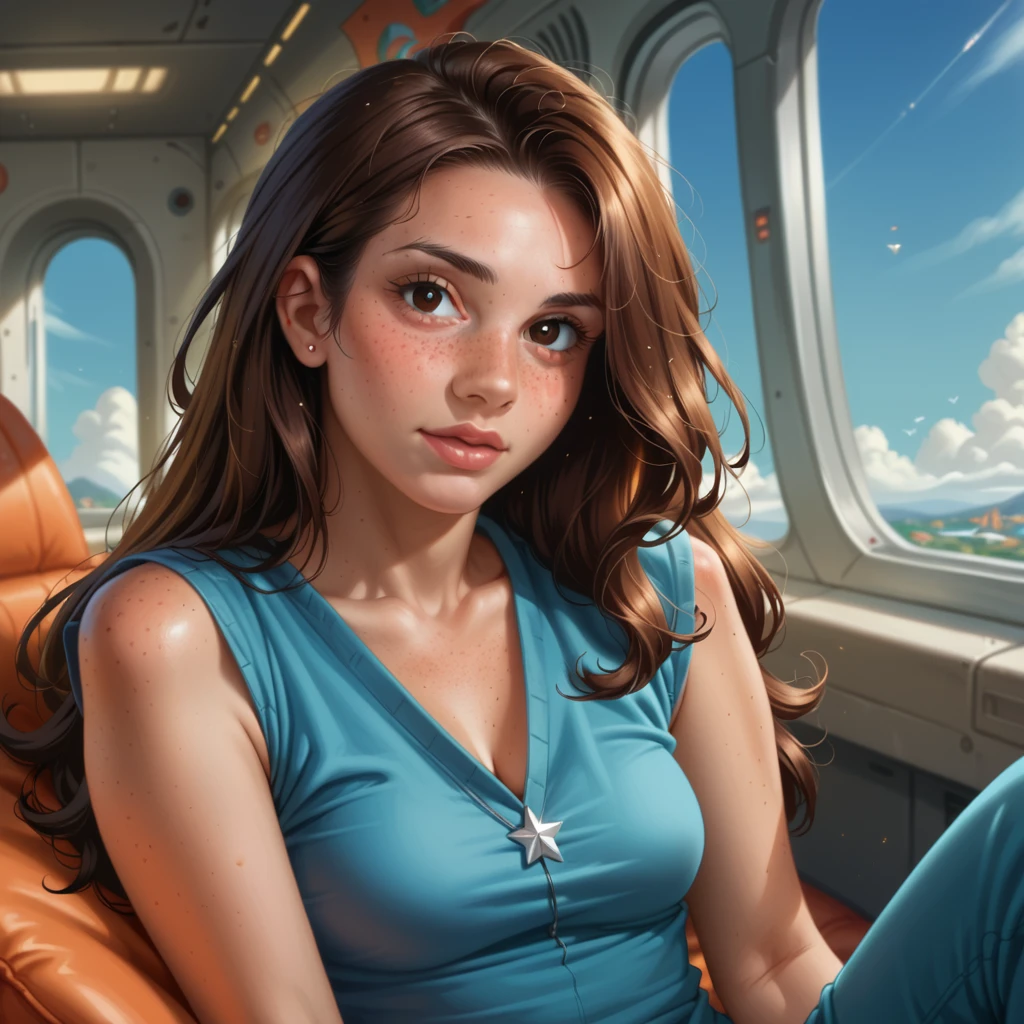 (Gege:1.8), morena, Olhos castanhos, mulher, (sardas:1.5),  sexy mulher with long hair and hot clothes sits on a seat in a spaceship and the window can show beautiful stars,futurama style