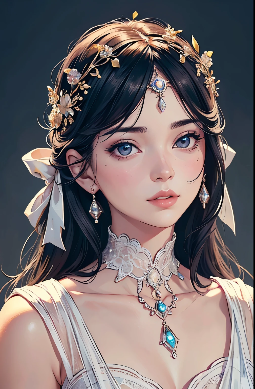 1girl, beautiful face, long black hair, detailed eyes, beautiful detailed eyes, beautiful detailed lips, extremely detailed face, jewelry, alone, resting, art, (best quality,4k,8k,highres,masterpiece:1.2),ultra-detailed,(realistic,photorealistic,photo-realistic:1.37),intricate, high-quality, cinematic lighting, detailed shading, delicate, graceful, serene, pensive, elegant, refined