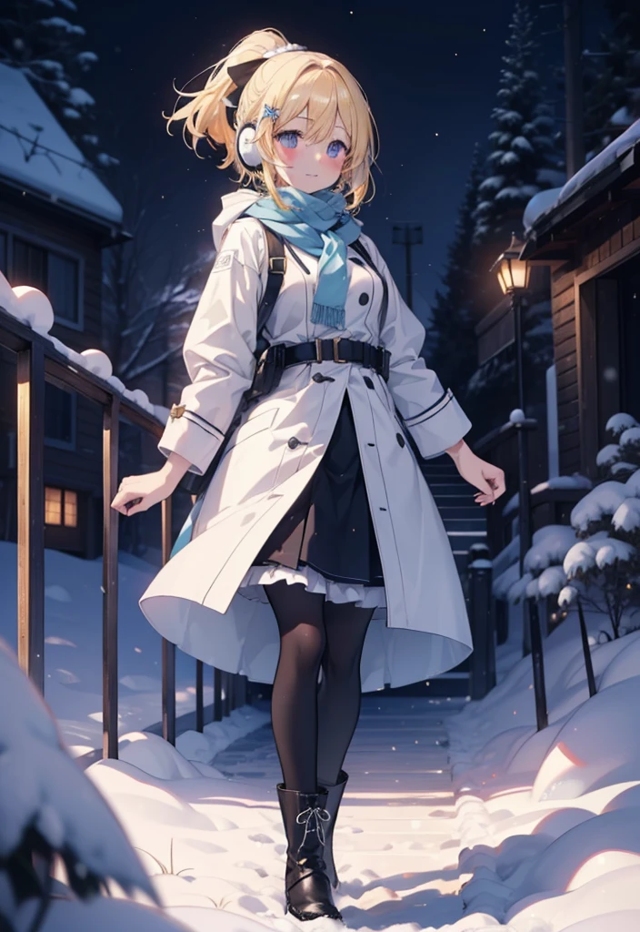 Eliase, catalyst, Yellow Hair, blue eyes, Hair Ribbon,ponytail,Earmuffs,smile,blush,Open your mouth,White Breath,White scarf,Light blue long coat,White long skirt,Black pantyhose,short boots,Walking,snowが降っている,snowが積もっている,snow,snow,snow,night,whole bodyがイラストに入るように,
break looking at viewer,whole body,
break outdoors,Residential Street,
break (masterpiece:1.2), Highest quality, High resolution, unity 8k wallpaper, (figure:0.8), (Beautiful attention to detail:1.6), Highly detailed face, Perfect lighting, Highly detailed CG, (Perfect hands, Perfect Anatomy),