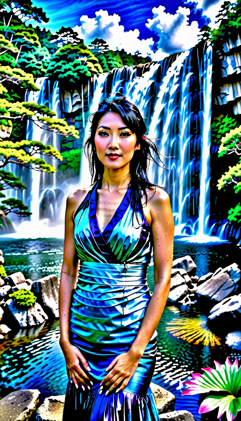 HDR (High Dynamic Range) image of a breathtaking tall waterfall cascading into a serene lake. A Japanese woman with black hair stands gracefully by the lake, personifying unique beauty and tranquility. The sky above is a light, bluish hue with just a few scattered clouds, adding a peaceful backdrop to the scene. The hyper-detailed waterfall is the focal point, capturing the viewer's attention with its powerful yet calming flow. Surrounding the lake, lush trees and vibrant flowers add to the natural splendor, enhancing the overall sense of calm and beauty of the setting.