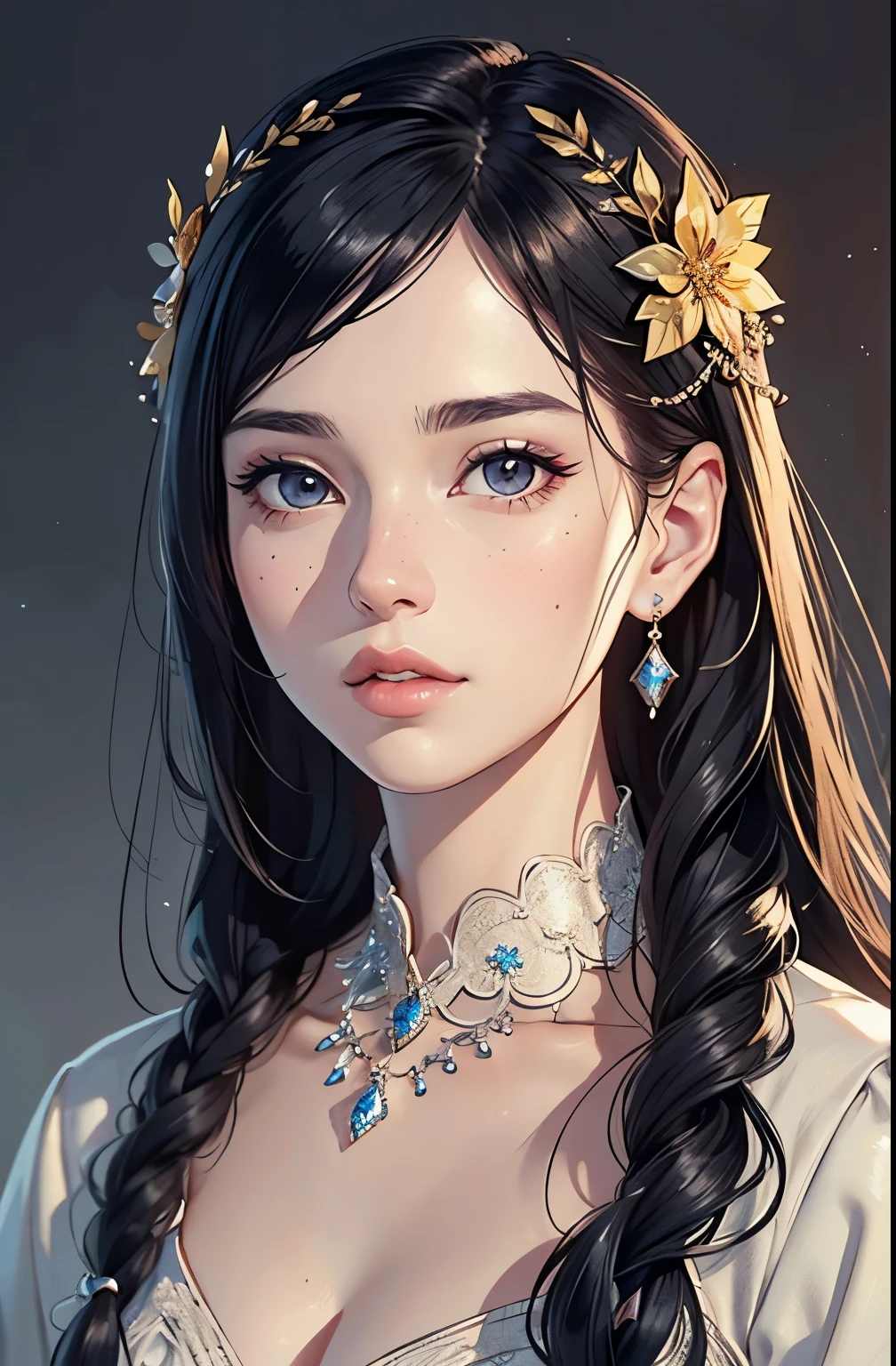 1girl, beautiful face, long black hair, detailed eyes, beautiful detailed eyes, beautiful detailed lips, extremely detailed face, jewelry, alone, resting, art, (best quality,4k,8k,highres,masterpiece:1.2),ultra-detailed,(realistic,photorealistic,photo-realistic:1.37),intricate, high-quality, cinematic lighting, detailed shading, delicate, graceful, serene, pensive, elegant, refined