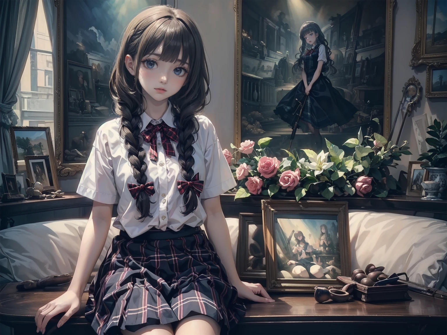 masterpiece, Super detailed, 8k, Full Body Shot,, girl, cute, Bright atmosphere, (cute二人のgirl:1.5), (淡い紫色の髪をしたgirl, Two wavy braids, Blunt bangs, Green and black eyes :1.4),(girlの銀色のポニーテールヘア, blue eyes:1.4),( They are both wearing short-sleeved shirts, Ribbon tie, Tartan Skirt:1.4), Anime Visual, (Tilt your head:1.3), Very delicate face, Realistic lighting and shading, (Very delicate and beautiful art:1.3),Watercolor, In the school classroom, 二人のgirlが机に向かって座っている, 二人のgirlがお弁当を広げて幸せそうに笑っている,Cowboy Shot,