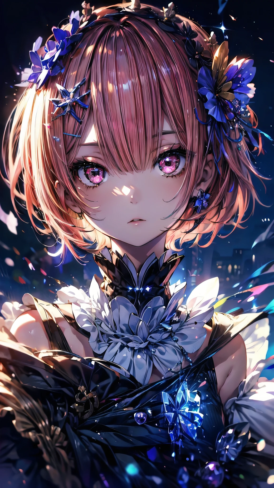 (Highest quality),(masterpiece), 8k,Very detailed, Detailed light, Best Shadow,Detailed reflective eyes, Beautiful Eyes, Very detailedな顔,Shiny Hair,One person,Gloss,semi-long,Pink Hair,Pink Eyes,enchanting,Expressionless,Quiet anger,full moon,hair ornaments,whole body,front,Re:Zero,ram,Ram,fan,darkness,face is dirty for painting,Dynamic Angle,