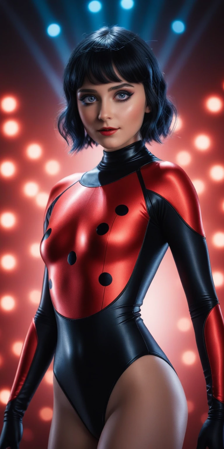 High detail RAW color, full body shot, Marinette Dupain-Cheng in (euphoria:1.0), dark makeup, (dramatic, mysterious, symmetrical background, lightshafts, dark:1.2), bokeh, shallow focus, f2, 85mm, (backlit:1.1), serious, moody, red ladybug chrome bodysuit, eos, skin_pores, 8k high definition, high detail eyes, highest quality, skin texture, masterpiece, best quality, 8k, cinematic lighting, (sharp focus:1.2), HDR, beauty, ultra-detailed, amazing,