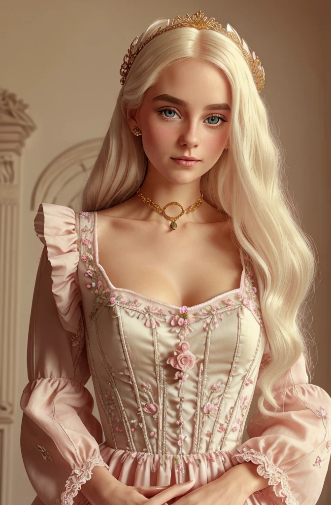 White Blonde hair, fluffy hair, stylish hair, long hair, lilac eyes, perfect eyes, beautiful, perfect face, tween, dainty , short, kind, curvy, a flowing pale airy gown with ruffles along the bottom with tiny pink flowers and gold dragon embroideries with flowers, Her tiara had a pretty teal gemstones, silver necklace, noble class, royal, royalty, red castle, feasting hall, medieval, elegant surroundings, soft dewy makeup look, light peach blush, soft tan eyeshadow, light coral lipstick, cutesy, girlish, girly, guileless, ingénue, princess , whimsical lighting, Targaryen, dragons in the sky, photorealistic
