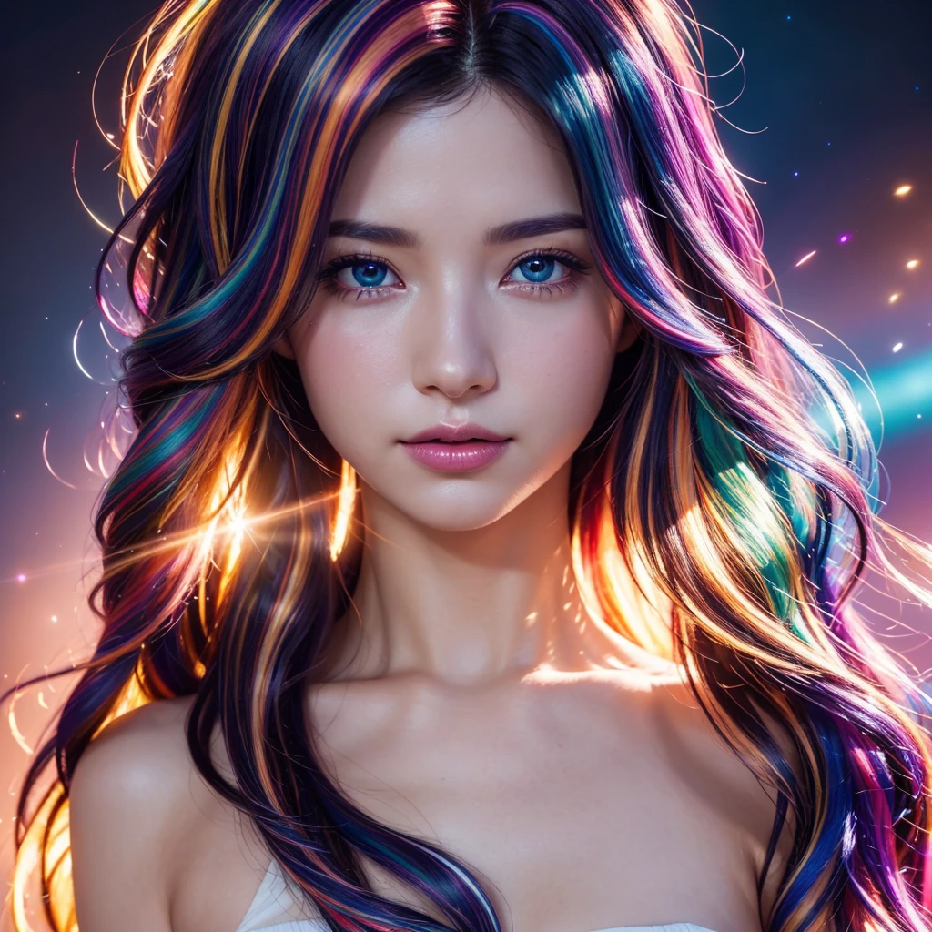 {{obra de arte}}, mais alta qualidade, Papel de parede CG Unity 8k altamente detalhado, iluminação cinematográfica, reflexo de lente, lindos olhos detalhados, preto, linha lateral, cabelo multicolorido, colorida light, partícula, heterochromia, (colorida:1.5), (colorida hair:1.5),
