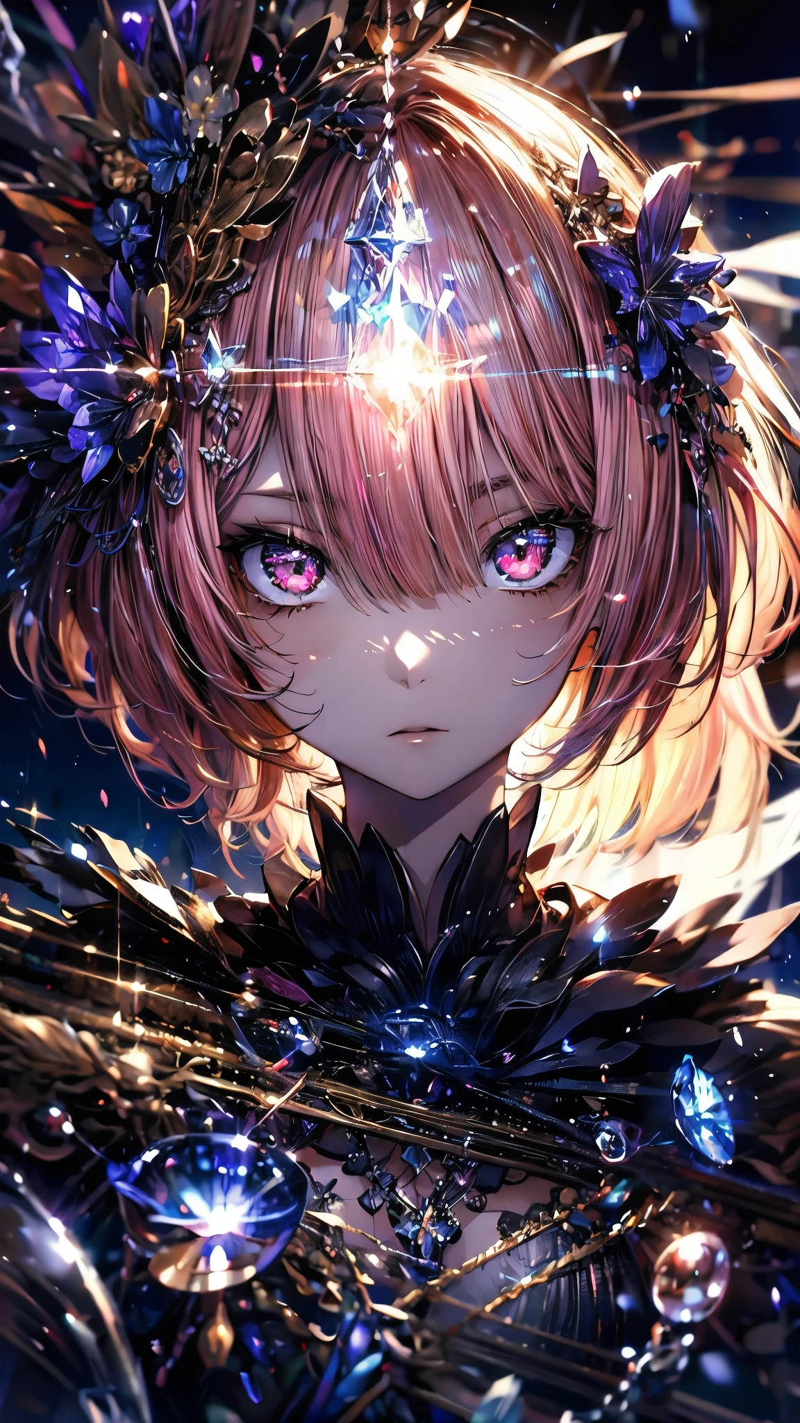 (Highest quality),(masterpiece), 8k,Very detailed, Detailed light, Best Shadow,Detailed reflective eyes, Beautiful Eyes, Very detailedな顔,Shiny Hair,One person,Gloss,semi-long,Pink Hair,Pink Eyes,enchanting,Expressionless,Quiet anger,full moon,hair ornaments,whole body,front,Re:Zero,ram,Ram,fan,darkness,face is dirty for painting,Dynamic Angle,