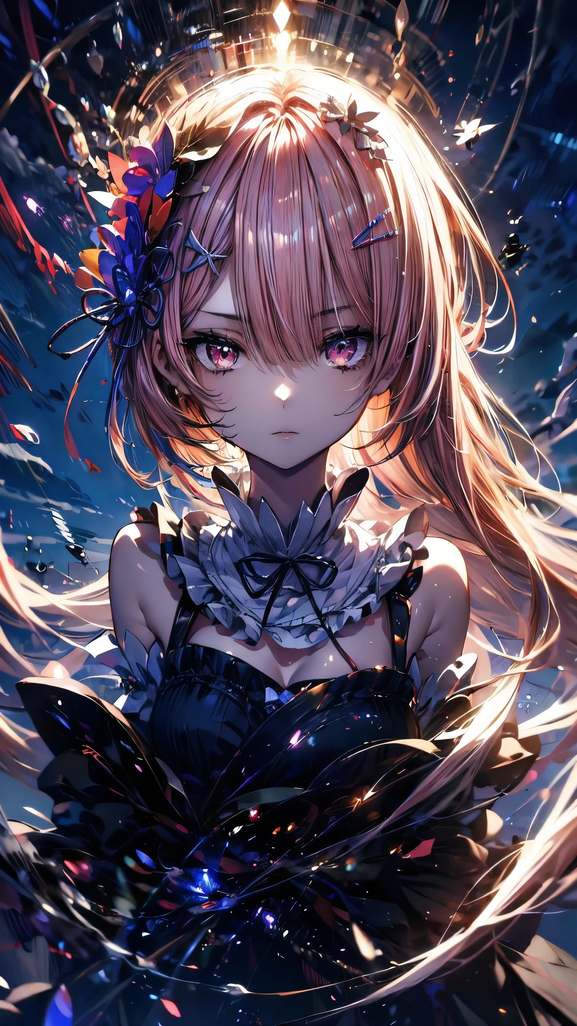 (Highest quality),(masterpiece), 8k,Very detailed, Detailed light, Best Shadow,Detailed reflective eyes, Beautiful Eyes, Very detailedな顔,Shiny Hair,One person,Gloss,semi-long,Pink Hair,Pink Eyes,enchanting,Expressionless,Quiet anger,full moon,hair ornaments,whole body,front,Re:Zero,ram,Ram,fan,darkness,face is dirty for painting,Dynamic Angle,