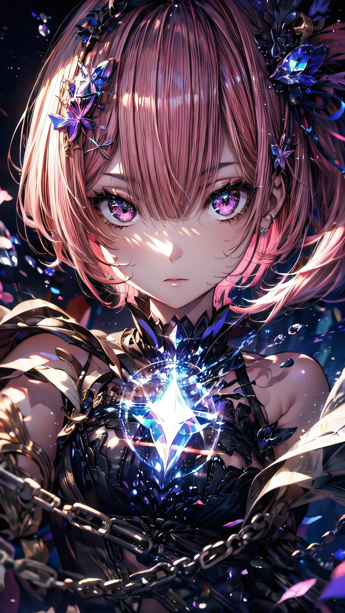 (Highest quality),(masterpiece), 8k,Very detailed, Detailed light, Best Shadow,Detailed reflective eyes, Beautiful Eyes, Very detailedな顔,Shiny Hair,One person,Gloss,semi-long,Pink Hair,Pink Eyes,enchanting,Expressionless,Quiet anger,full moon,hair ornaments,whole body,front,Re:Zero,ram,Ram,fan,darkness,face is dirty for painting,Dynamic Angle,