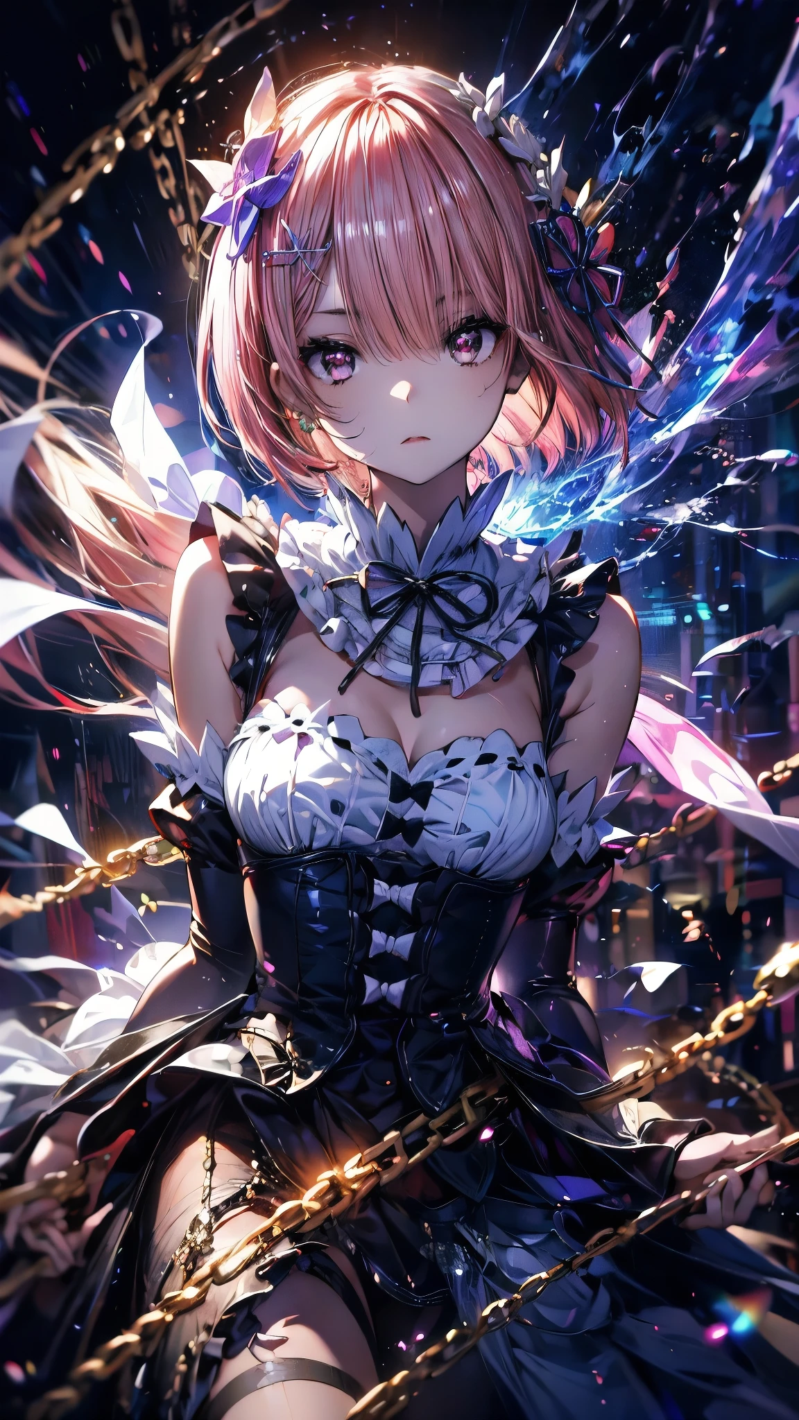 (Highest quality),(masterpiece), 8k,Very detailed, Detailed light, Best Shadow,Detailed reflective eyes, Beautiful Eyes, Very detailedな顔,Shiny Hair,One person,Gloss,semi-long,Pink Hair,Pink Eyes,enchanting,Expressionless,Quiet anger,full moon,hair ornaments,whole body,front,Re:Zero,ram,Ram,fan,darkness,face is dirty for painting,Dynamic Angle,