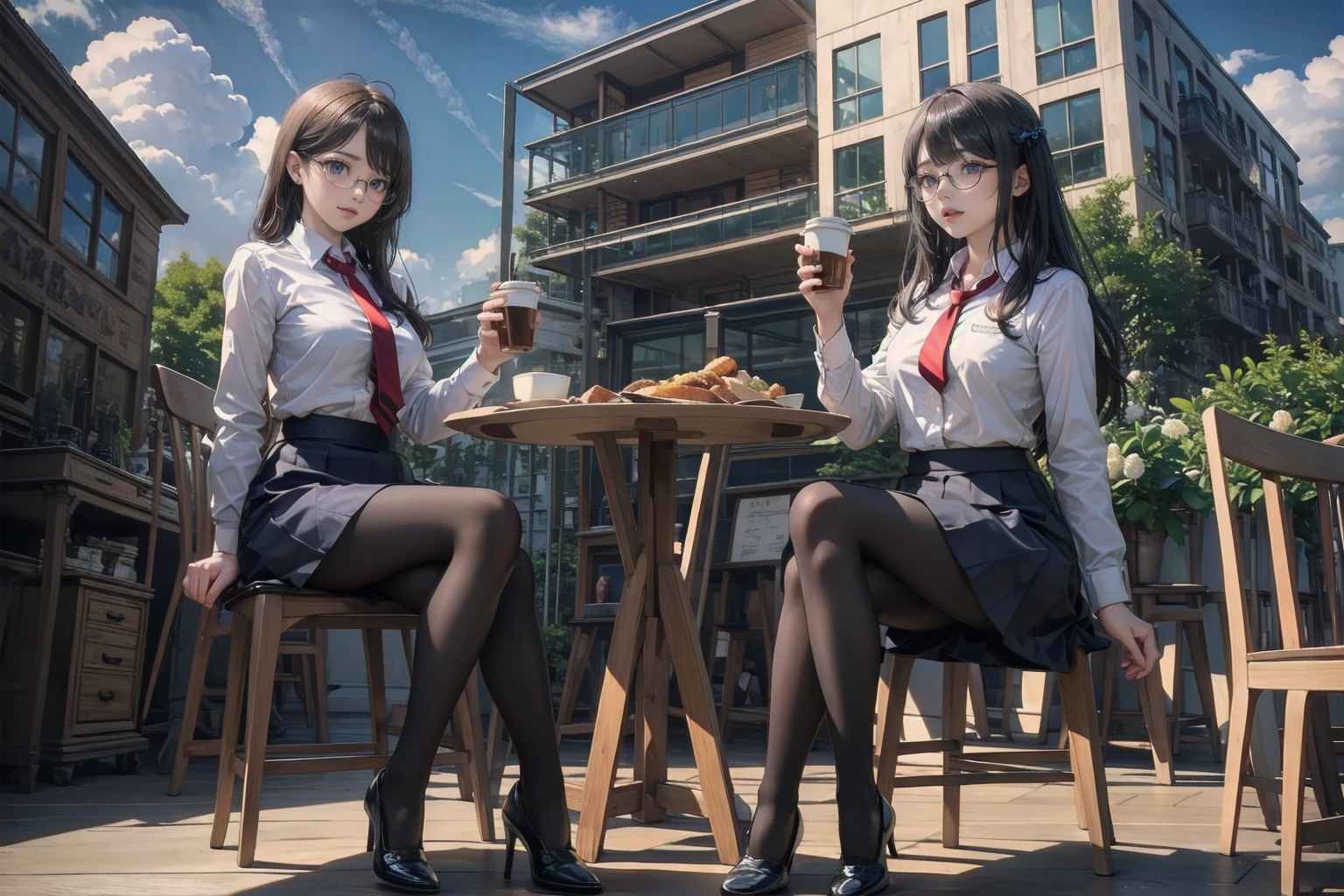 Highest quality, Very detailed, figure, 
Glasses, Black Hair, Long Hair, Red tie, pantyhose, White shirt, shoes, , Blue Skirt, Collared shirt, Happy, 
Nakaniwa, Multiple Girls, wood, Outdoor, table, Sitting, eat, food, Day, building, cup
 