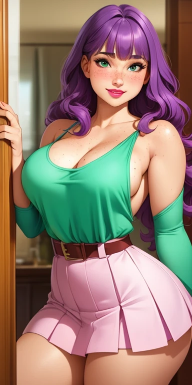 Beautiful medium breasts, 1girl, ((purple hair, wavy hair with bangs)) ((beautiful girl)) light green eyes, has an beautiful sensual body with freckles, with full breasts and thin waist, HIP HOP Beautiful and cute Long pleated skirt, red long-sleeved tank top, transparent sleeves women's belt, fabric delicate, has a bold appearance. young, quality, realistic, best quality, cute expression, pink lipstick lips, sexy smile, leaning, In the beautiful romantic house