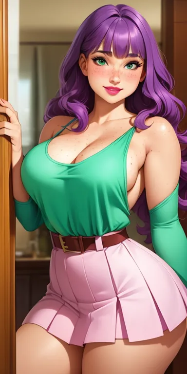 beautiful medium breasts, 1girl, ((purple hair, wavy hair with bangs)) ((beautiful girl)) light green eyes, has an beautiful sen...