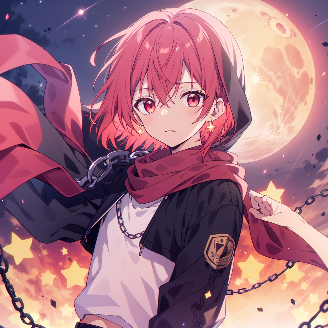 (Highest quality), (masterpiece), 1080P, High resolution, 4K, 8k, boy, Short Hair, black Parker, hoodie, Wearing a hood, Red hair, Red Eye, Upper Body, Night Sky, Starry Sky, shooting star, Pistol, scarf, chain, Earrings