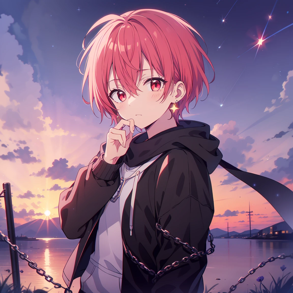 (Highest quality), (masterpiece), 1080P, High resolution, 4K, 8k, boy, Short Hair, black Parker, hoodie, Wearing a hood, Red hair, Red Eye, Upper Body, Night Sky, Starry Sky, shooting star, Pistol, scarf, chain, Earrings