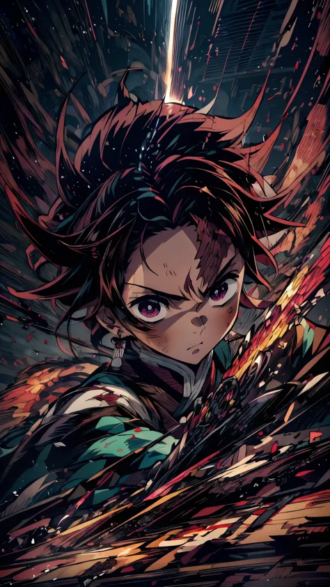 (Highest quality),(masterpiece), 8k,Very detailed, Detailed light, Best Shadow,Detailed reflective eyes, Beautiful Eyes, Very detailedな顔,Shiny Hair,One person,Gloss,Black Hair,Expressionless,Quiet anger,whole body,front,Demon slayer,Kamado help,help,darkness,face is dirty for painting,Dynamic Angle,Japanese sword,inflammation,inflammation舞,Fire Breathing,Kagura,