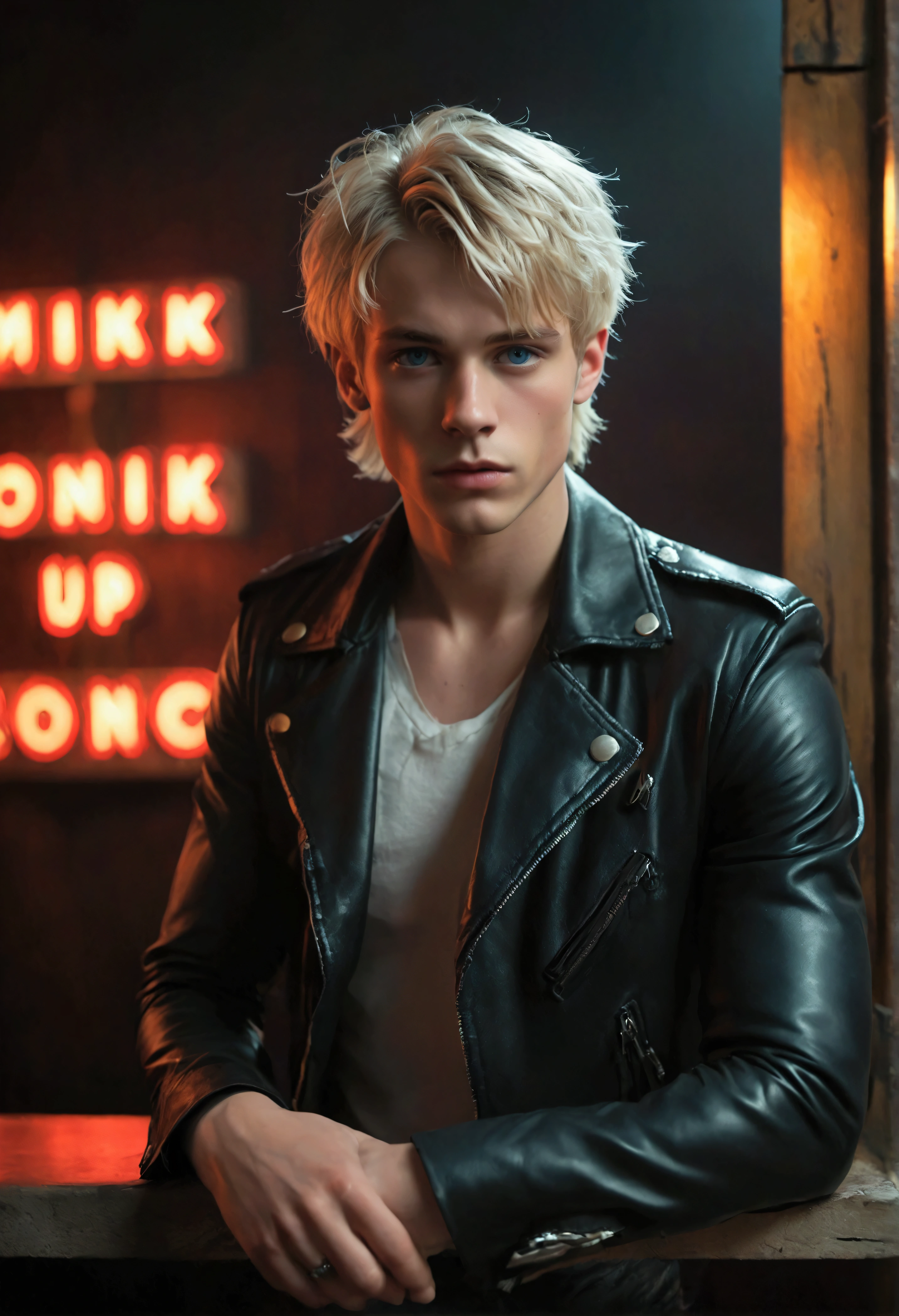 Hyper realistic, dark vibes, solo, young male fashion model Dominik Sadoch, boyish, 22 years, pale skin, blue eyes, (short textured blond hair:1.1), layered bangs, black leather jacket, dark lighting, in luxury strip club room, (smirk:1.1), (holding a knife up:1.1), (neon sign in background that says "CONTEXT":1.1)