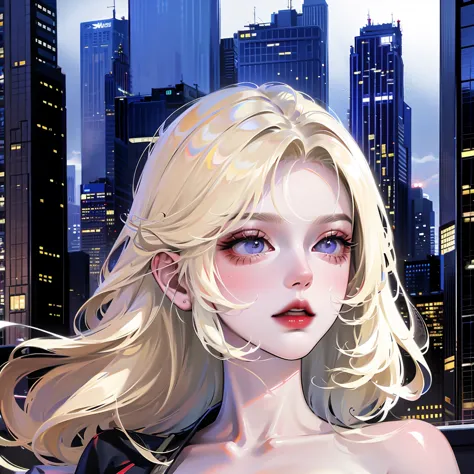 Platinum blonde woman destroys the city super realistic good details