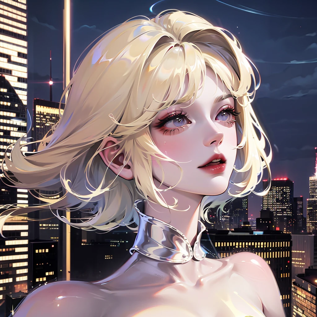 Platinum blonde woman destroys the city super realistic good details