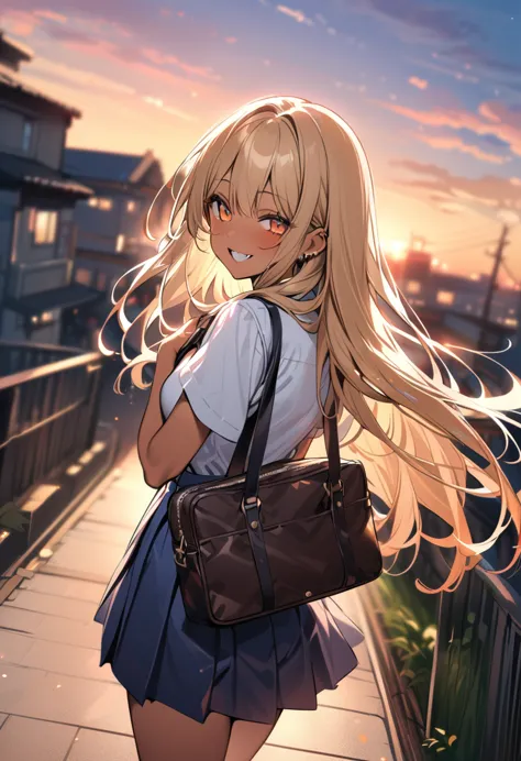 1 girl, japanese girl, longhair, blonde hair, wave hair, mascara, tan skin, dark skin, double teeth, fang, piercing,
BREAK warm ...