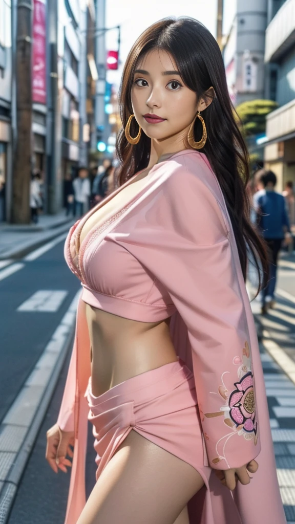 Moisturized Skin、(Pink and bright eyes),(Condescending to people)、Perfect body、
BREAK,
(Beautiful navel),(Side slits),(Epaulettes), Cape, Crop top,Cape,
BREAK,
(Super long hair),(Large gold curved earrings:1.2),
BREAK,
(((masterpiece+Highest quality+High resolution+Very detailed))),  (whole body:1.2),Symmetrical,One Cut,
BREAK,
(In the streets of Japan:1.3),
BREAK、
（ONE PIECE）、(Kasumi Arimura:1.4),(Boa Hancock:1.3),((Big snake)),