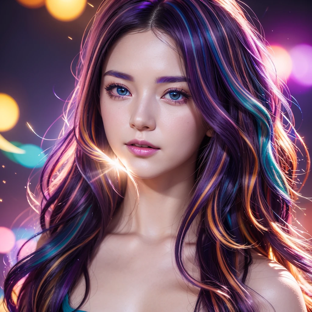 {{obra de arte}}, mais alta qualidade, Papel de parede CG Unity 8k altamente detalhado, iluminação cinematográfica, reflexo de lente, lindos olhos detalhados, preto, linha lateral, cabelo multicolorido roxo, colorida light, partícula, heterochromia, (colorida:1.5), (colorida hair:1.5),
