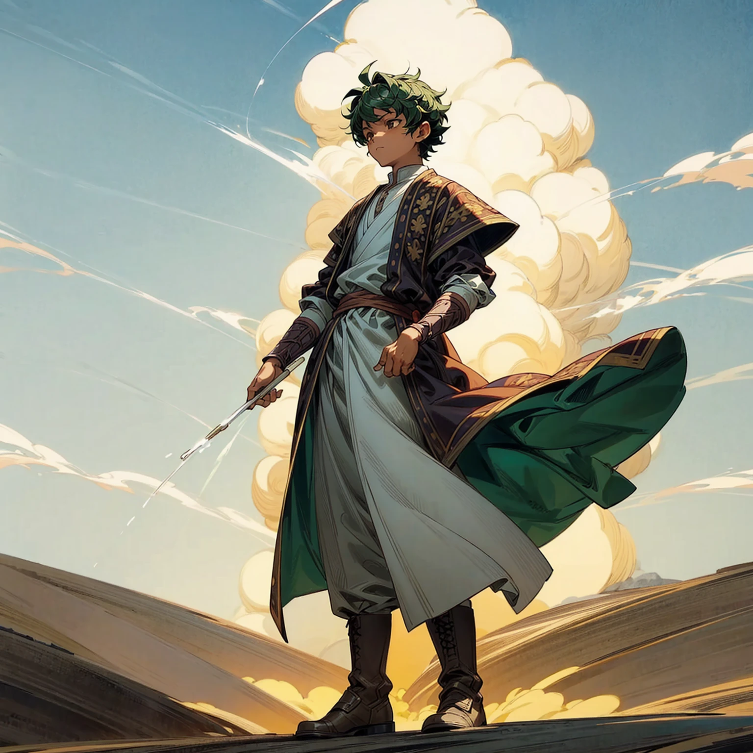 1little boy, Full body version, 1character, brown eyes color, dark skin, Curly cut hairstyle, small eyes type, green colour hair, doctor ancient roman clothing style, white color clothing, white Stola, Ancient roman boots, armor vest, Grassroots background in desert, motion blur, lighting, high angle view, smoke in hand, smoke effect on hand 