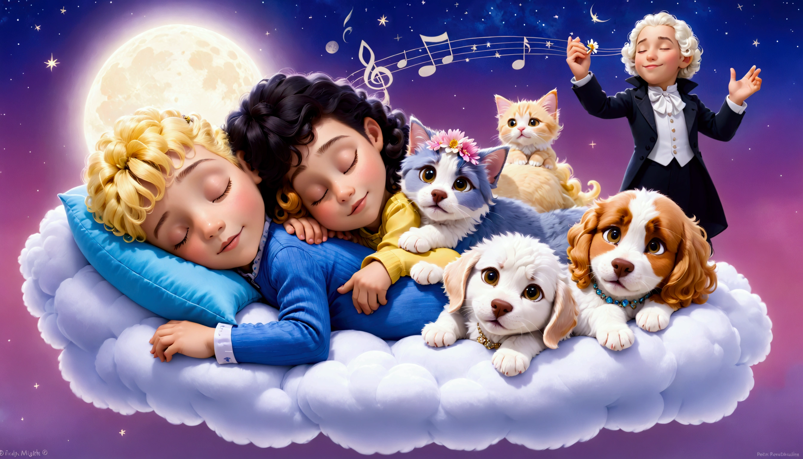 An image of a blond 5 year old boy with yellow curly hair, sleeping with a lhaza apso puppy, white with caramel spots on the eyes, paws and tail, a blue kitten, a yellow kitten with a vondutch cap and a pink kitten with a flower tiara on her head, everyone sleeps peacefully with a slight smile in their eyes, as if they were dreaming, they sleep on a cloud with a background of a beautiful starry night and a figure that represents a version of Amadeus Mozart as he is telling the characters to sleep.