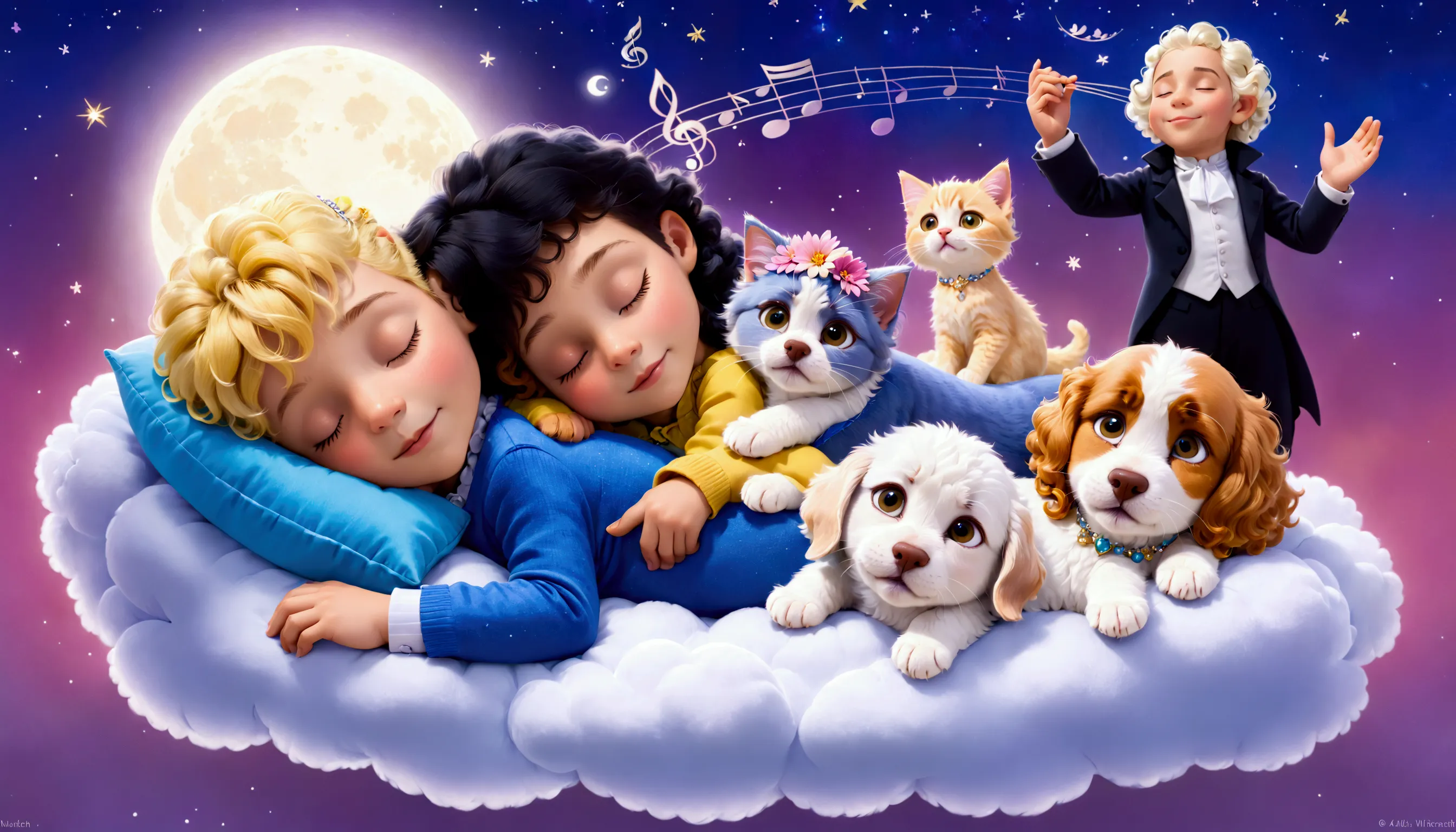 an image of a blond 5 year old boy with yellow curly hair, sleeping with a lhaza apso puppy, white with caramel spots on the eye...