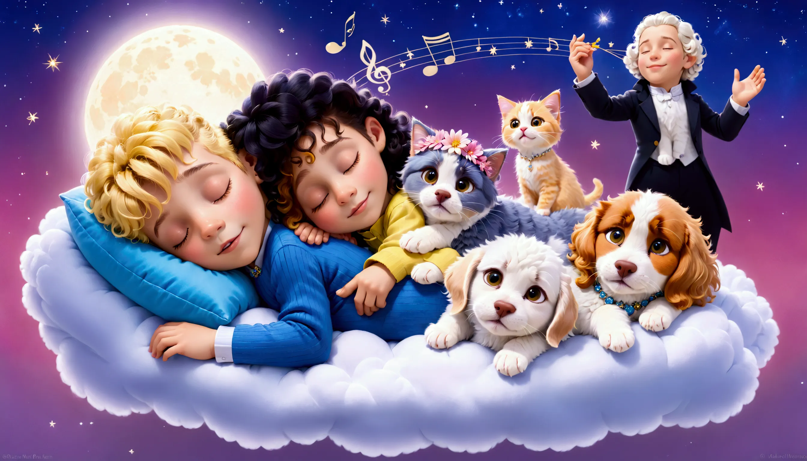 an image of a blond 5 year old boy with yellow curly hair, sleeping with a lhaza apso puppy, white with caramel spots on the eye...