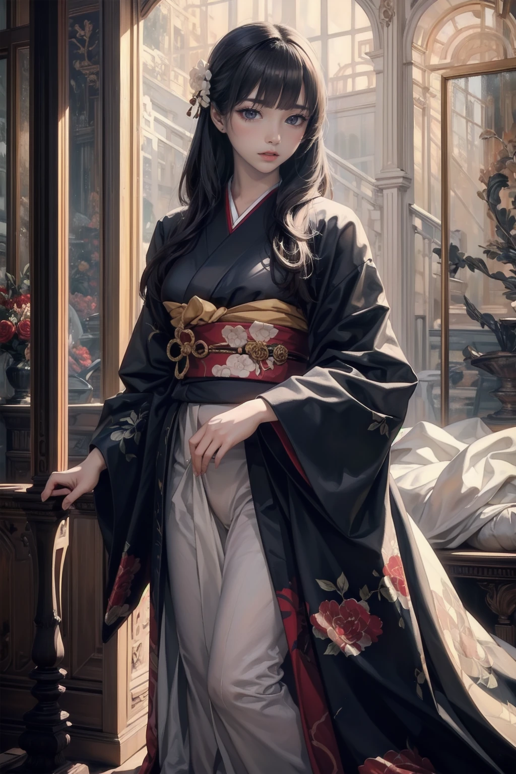 Realistic One Girl, Detailed beautiful fox ghost girl, Wearing a red floral kimono and holding a Japanese umbrella, Long, straight, black and white gradient hair, Blunt bangs, Flowing Hair, Beautiful attention to detail, Kabuki-style eye makeup, Beautiful lip detail, Detailed facial features, Detailed Hair, Detailed skin, Detailed costume, Kyoto townhouse background, 輝くMagicオーラ, Mysterious, Magic, Fantasy, Whimsical, artistic, Vibrant colors, Cinema Lighting, Award-winning, (Highest quality, 16K, High resolution, masterpiece:1.2), (Ultra-realistic, Realistic:1.37), (Intricate details:1.2), (Depth of written boundary:1.1), Very detailed, Cinema Lighting, Warm color palette, Complex Pattern, elegant, elegant, Mysterious