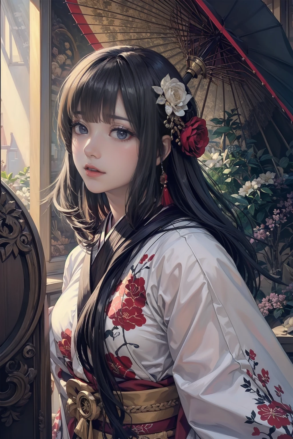 Realistic One Girl, Detailed beautiful fox ghost girl, Wearing a red floral kimono and holding a Japanese umbrella, Long, straight, black and white gradient hair, Blunt bangs, Flowing Hair, Beautiful attention to detail, Kabuki-style eye makeup, Beautiful lip detail, Detailed facial features, Detailed Hair, Detailed skin, Detailed costume, Kyoto townhouse background, 輝くMagicオーラ, Mysterious, Magic, Fantasy, Whimsical, artistic, Vibrant colors, Cinema Lighting, Award-winning, (Highest quality, 16K, High resolution, masterpiece:1.2), (Ultra-realistic, Realistic:1.37), (Intricate details:1.2), (Depth of written boundary:1.1), Very detailed, Cinema Lighting, Warm color palette, Complex Pattern, elegant, elegant, Mysterious