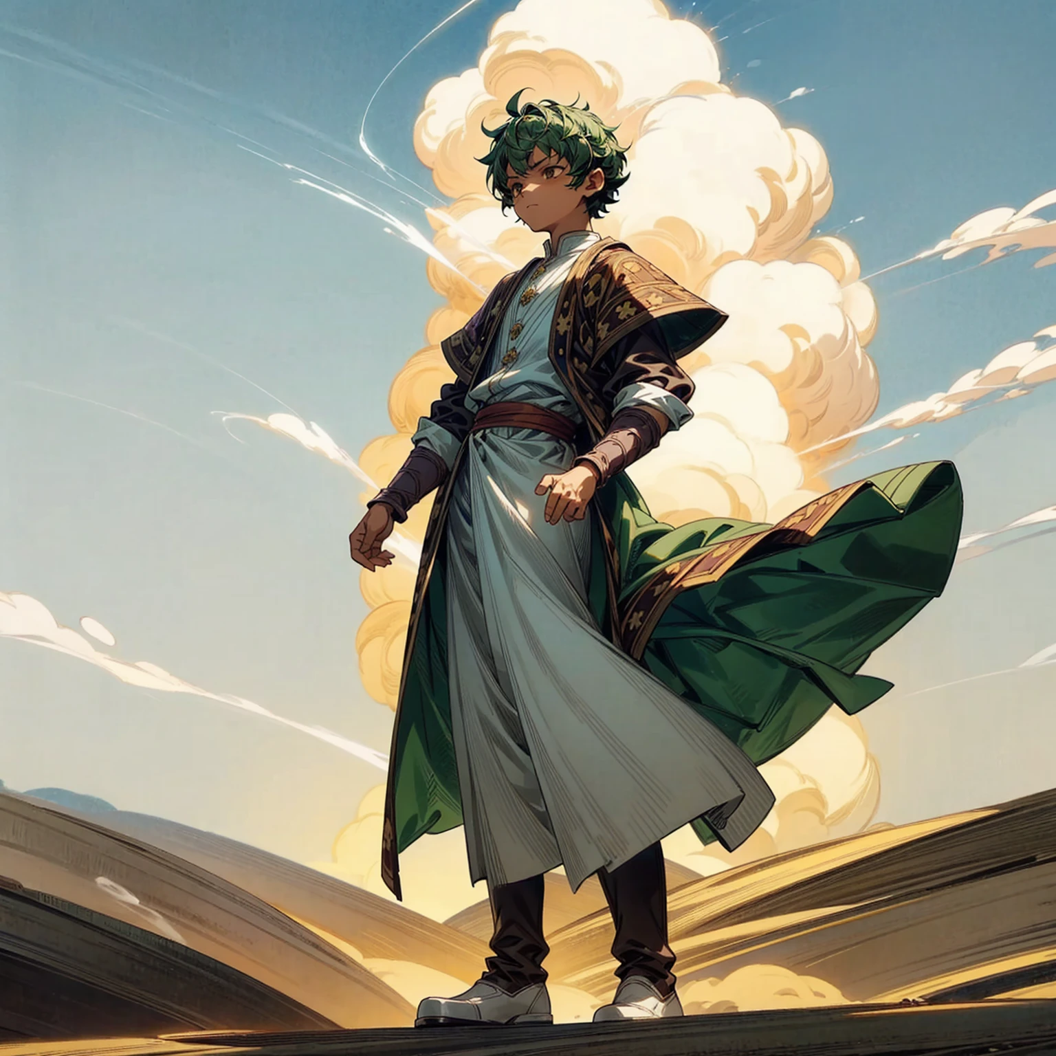 1little boy, Full body version, 1character, brown eyes color, dark skin, Curly cut hairstyle, small eyes type, green colour hair, doctor ancient roman clothing style, white color clothing, white Stola, Ancient roman boots, armor vest, Grassroots background in desert, motion blur, lighting, high angle view, smoke in hand, smoke effect on hand 