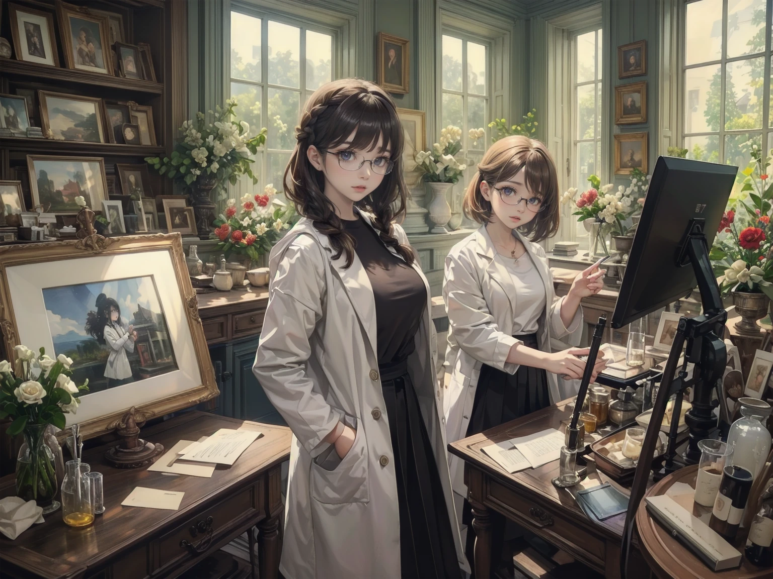 (Highest quality、masterpiece、High resolution)、(Sargent-style watercolor)、(Anime Art)、Soft Light、((Three Women))、((The three are talking while looking at documents..))、17 years old、18-year-old、Medium Short Hair、semi-long、Put your hair up、Black Hair、Dark brown hair、Braided hair、Glasses、Detailed depiction of the face、Small breasts、uniform、Long skirt、((Wearing a white coat))、白いブラウスとLong skirt、Institute of Earth Sciences、鉱物標Book、昆虫標Book、化石標Book、標Book棚、Book、Book棚、Laboratory instrument、Test tube、beaker、flask、Alcohol lamp、Labware、Floral、vase、window、Foliage plant、 Blur the background、