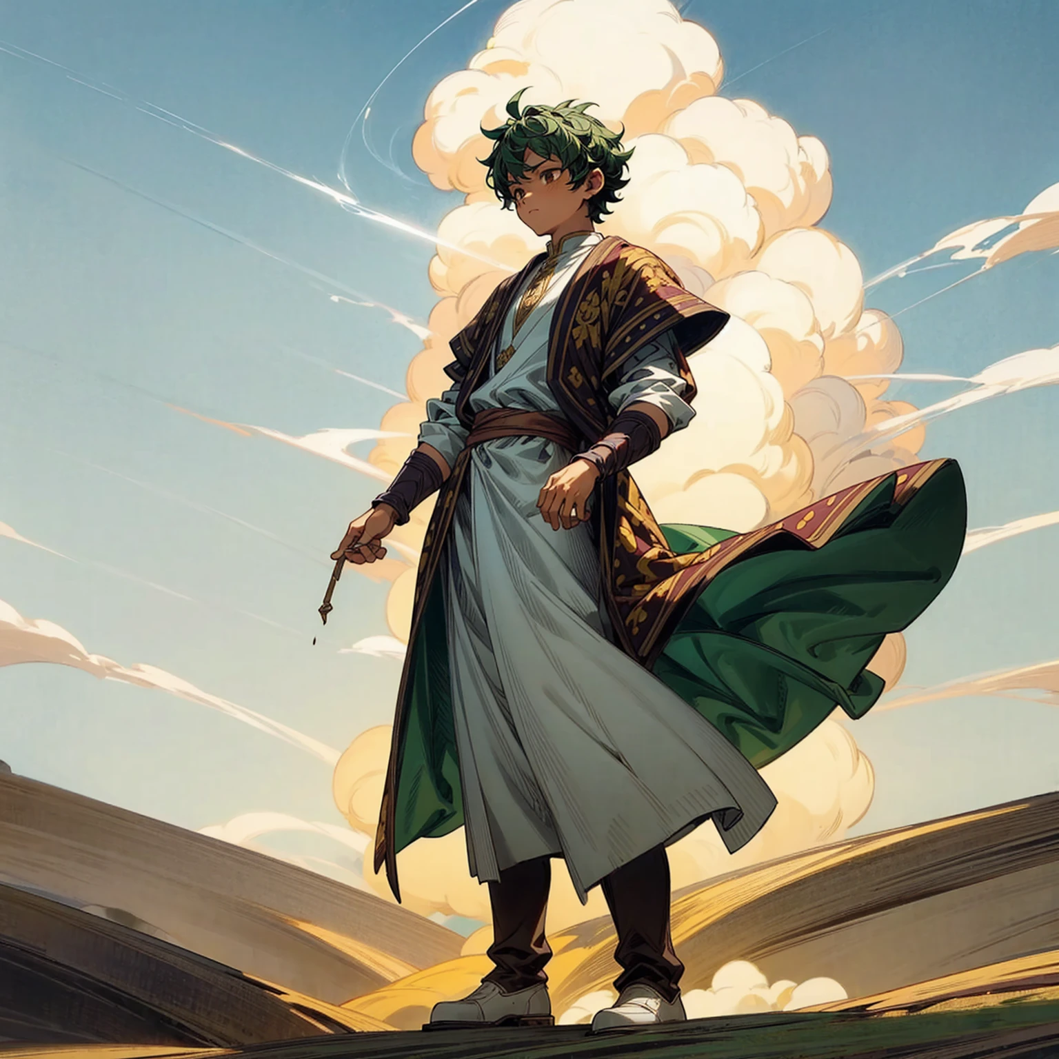 1little boy, Full body version, 1character, brown eyes color, dark skin, Curly cut hairstyle, small eyes type, green colour hair, doctor ancient roman clothing style, white color clothing, white Stola, Ancient roman boots, armor vest, Grassroots background in desert, motion blur, lighting, high angle view, smoke in hand, smoke effect on hand 