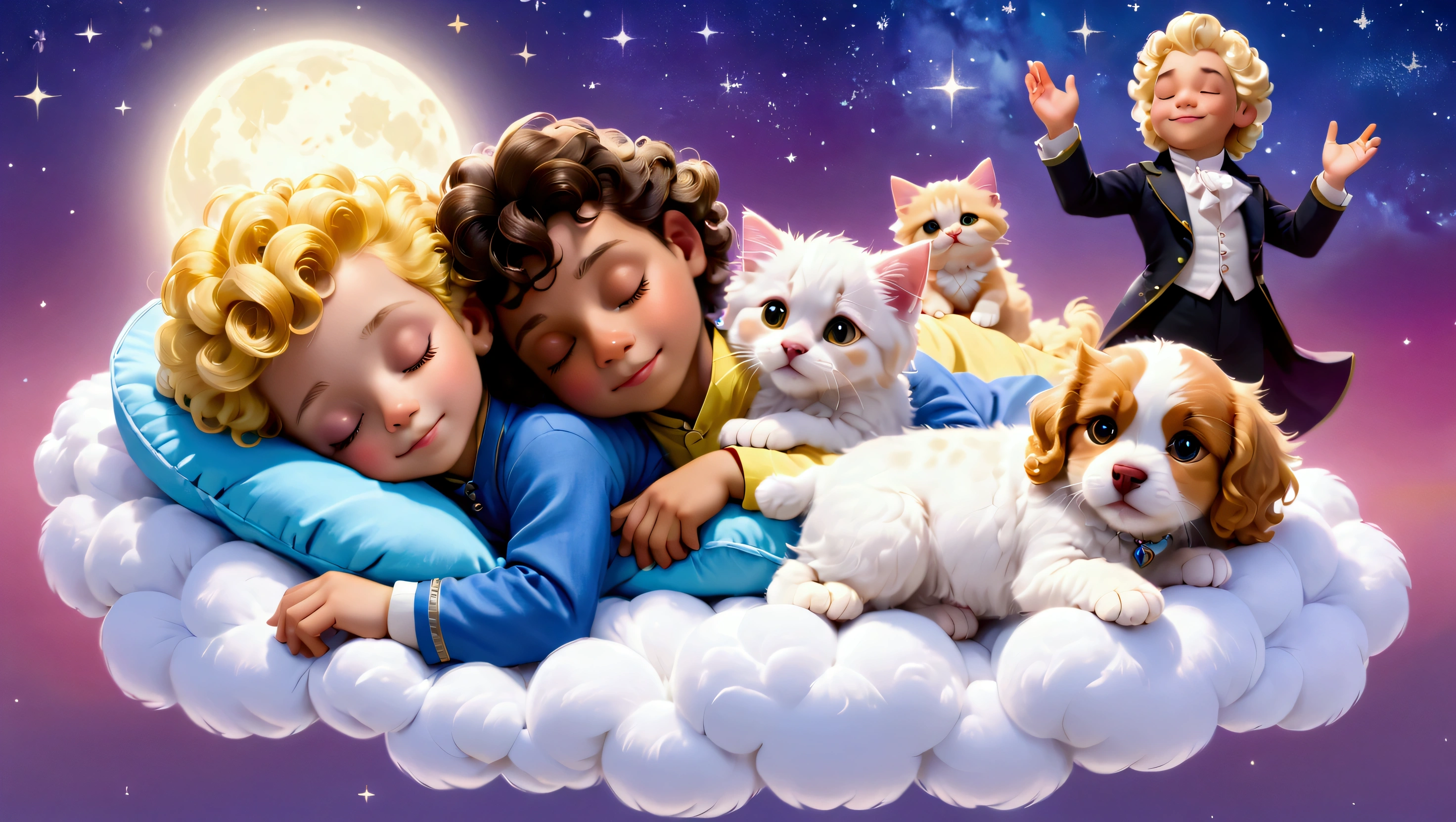 An image of a blond 5 year old boy with yellow curly hair, sleeping with a lhaza apso puppy, white with caramel spots on the eyes, paws and tail, a blue kitten, um gatinho filhote amarelo com um boné da vondutch e uma pink kitten filhote  com uma tiara de flores na cabeça, everyone sleeps peacefully with a slight smile in their eyes, as if they were dreaming, they sleep on a cloud with a background of a beautiful starry night and a figure that represents a version of Amadeus Mozart as he is telling the characters to sleep. pink kitten, no clothers