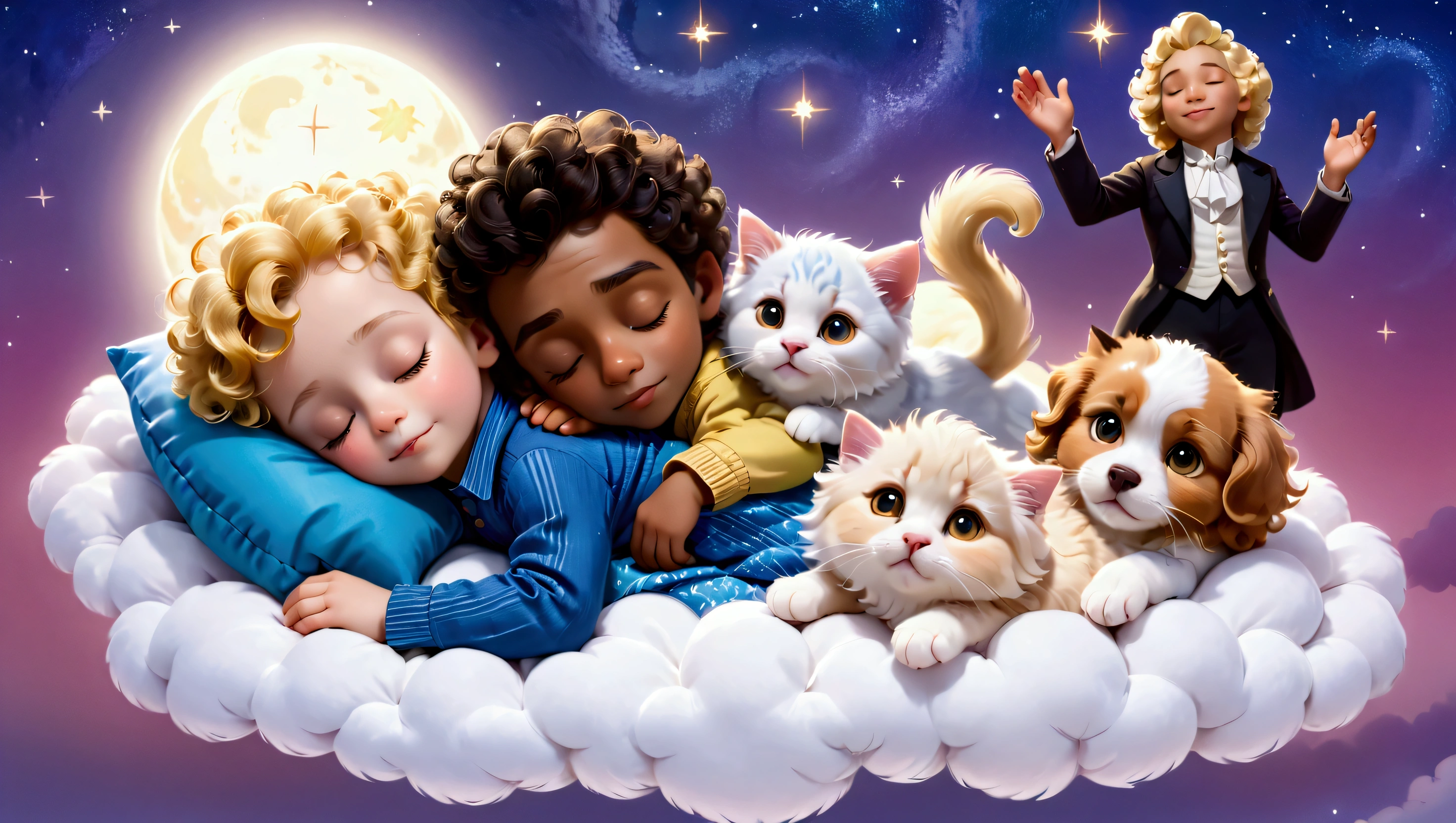 An image of a blond 5 year old boy with yellow curly hair, sleeping with a lhaza apso puppy, white with caramel spots on the eyes, paws and tail, a blue kitten, um gatinho filhote amarelo com um boné da vondutch e uma pink kitten filhote  com uma tiara de flores na cabeça, everyone sleeps peacefully with a slight smile in their eyes, as if they were dreaming, they sleep on a cloud with a background of a beautiful starry night and a figure that represents a version of Amadeus Mozart as he is telling the characters to sleep. pink kitten, no clothers