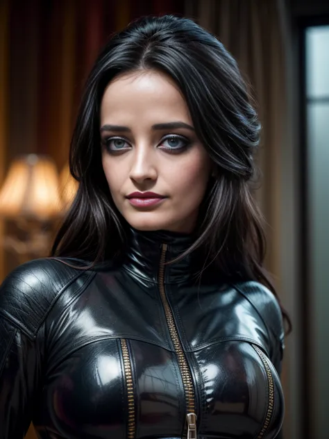 arafed woman (EvaGreen), (makeup:1.4), beautiful smile, Unzipped turtleneck latex outfit, zipper, highly detailed fur, natural s...