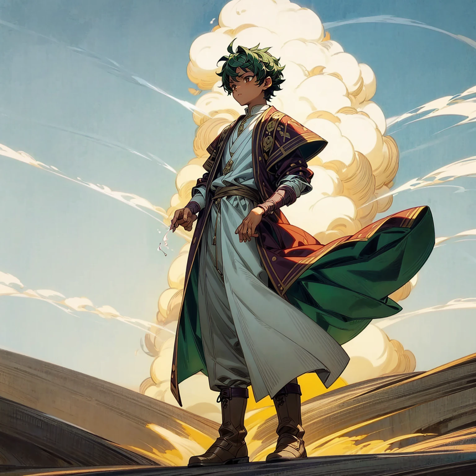 1little boy, Full body version, 1character, brown eyes color, dark skin, Curly cut hairstyle, small eyes type, green colour hair, doctor ancient roman clothing style, white color clothing, white Stola, Ancient roman boots, armor vest, Grassroots background in desert, motion blur, lighting, high angle view, smoke in hand, smoke effect on hand 