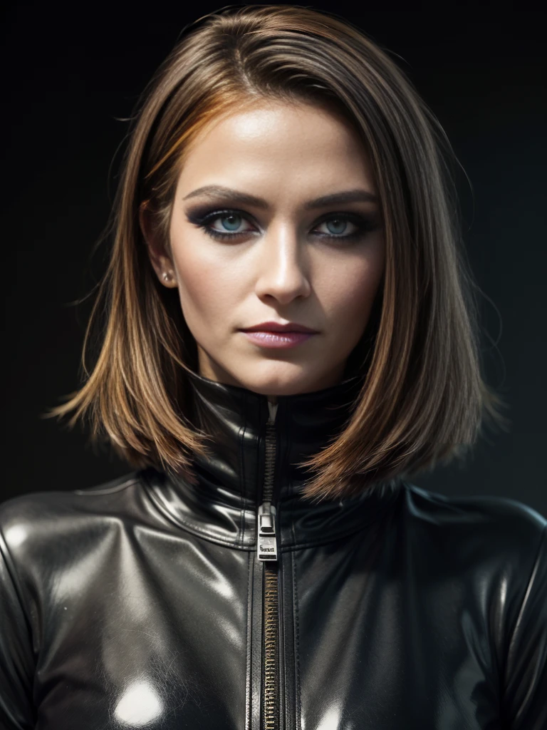 arafed woman (CateBlanchette), (makeup:1.4),dark eyeshadow, beautiful smile,orange flipped hairstyle, Unzipped turtleneck latex outfit, zipper, highly detailed fur, natural skin texture, 4k textures, Highly detailed perfect , Lightroom, Intricate, Ultra-Realistic, Out There, (HDR:1.3), UHD, (Intricate Detail, Hyper-Detailed:1.1), Cinematic, Photoreal, (Dark Shot:1.2), Dramatic, High Contrast, (Warm Color:1.1) , muted colors, master piece, elegant, sharp focus