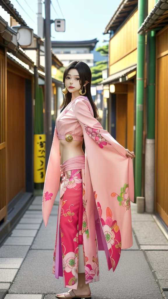 Moisturized Skin、(Pink and bright eyes),(Condescending to people)、Perfect body、
BREAK,
(Beautiful navel),(Side slits),(Epaulettes), Cape, Crop top,Cape,
BREAK,
(Super long hair),(Large gold curved earrings:1.2),
BREAK,
(((masterpiece+Highest quality+High resolution+Very detailed))),  (whole body:1.2),Symmetrical,One Cut,
BREAK,
(In the streets of Japan:1.3),
BREAK、
（ONE PIECE）、(Kasumi Arimura:1.4),(Boa Hancock:1.3),((Big snake)),