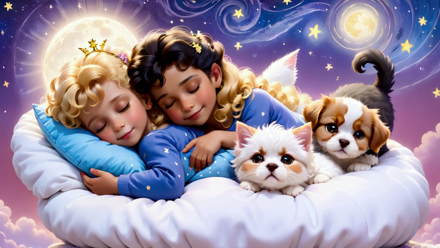 An image of a blond 5 year old boy with yellow curly hair, sleeping with a 5 year old, straight shoulder-length black hair, a puppy of the lhaza apso breed, white with caramel spots on the eyes, paws and tail, a blue kitten, um gatinho filhote amarelo com um boné da vondutch e uma pink kitten filhote  com uma tiara de flores na cabeça, everyone sleeps peacefully with a slight smile in their eyes, as if they were dreaming, they sleep on a cloud with a background of a beautiful starry night and a figure that represents a version of Amadeus Mozart as he is telling the characters to sleep. pink kitten, no clothers