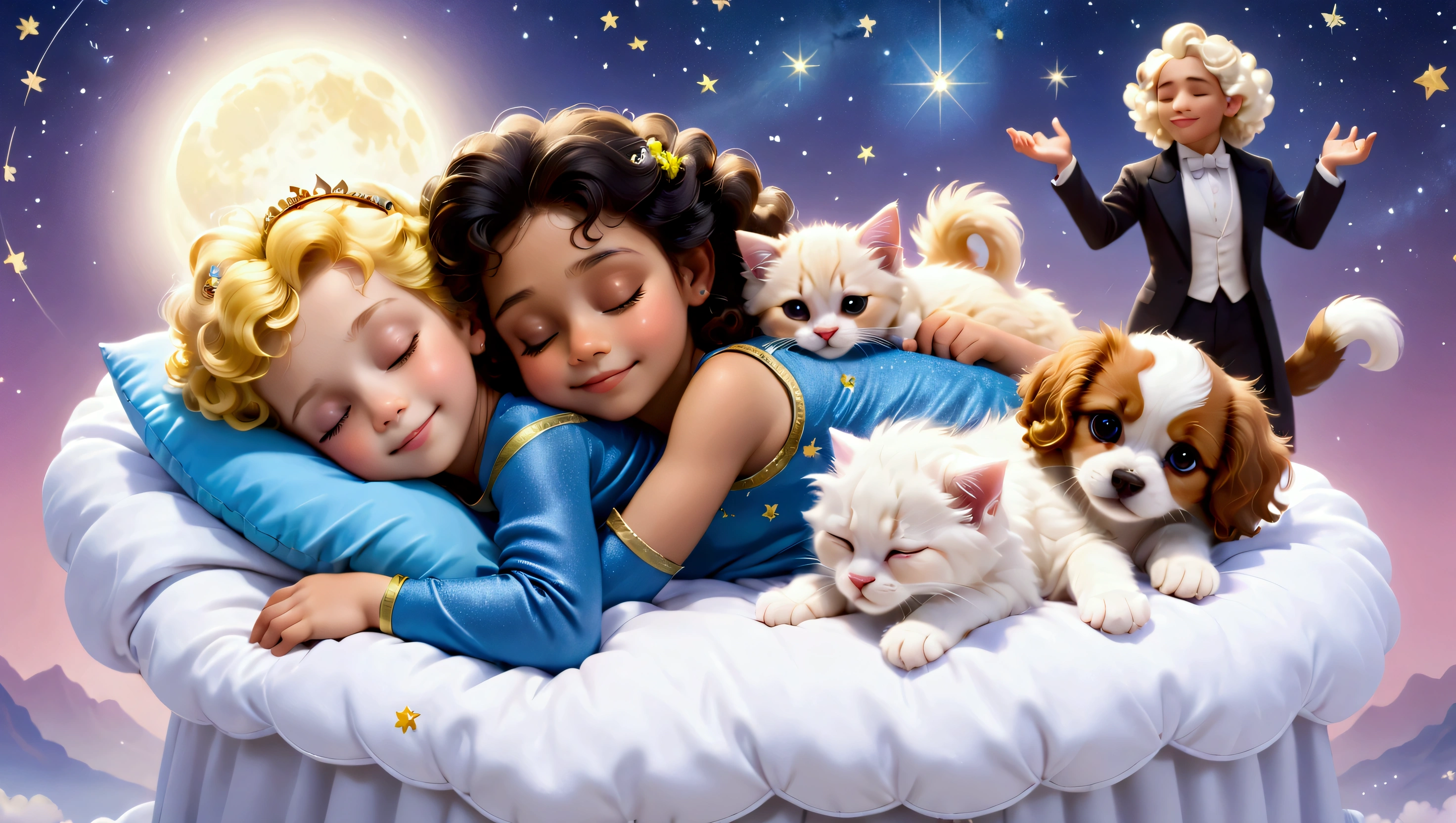 An image of a blond 5 year old boy with yellow curly hair, sleeping with a 5 year old, straight shoulder-length black hair, a puppy of the lhaza apso breed, white with caramel spots on the eyes, paws and tail, a blue kitten, um gatinho filhote amarelo com um boné da vondutch e uma pink kitten filhote  com uma tiara de flores na cabeça, everyone sleeps peacefully with a slight smile in their eyes, as if they were dreaming, they sleep on a cloud with a background of a beautiful starry night and a figure that represents a version of Amadeus Mozart as he is telling the characters to sleep. pink kitten, no clothers