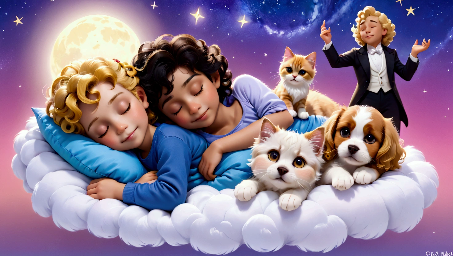 An image of a blond 5 year old boy with yellow curly hair, sleeping with a 5 year old, straight shoulder-length black hair, a puppy of the lhaza apso breed, white with caramel spots on the eyes, paws and tail, a blue kitten, um gatinho filhote amarelo com um boné da vondutch e uma pink kitten filhote  com uma tiara de flores na cabeça, everyone sleeps peacefully with a slight smile in their eyes, as if they were dreaming, they sleep on a cloud with a background of a beautiful starry night and a figure that represents a version of Amadeus Mozart as he is telling the characters to sleep. pink kitten, no clothers