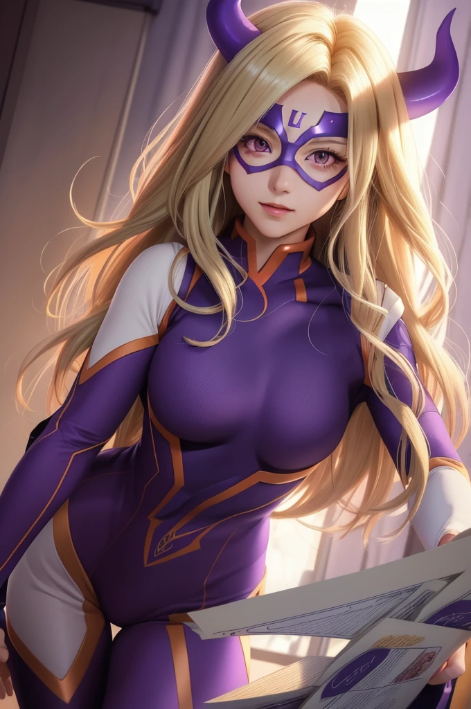 scan, (extremely detailed CG unity 8k wallpaper:1.1), (traditional media:0.9), (sketch:0.9), tracing, ultra-detailed, soft lighting, anime, (1girl), mtladymha, boku no hero academia, long hair, blonde hair, horns, domino mask, bodysuit, large breasts, purple eyes