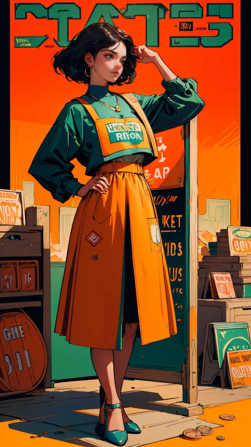 A girl holding up an advertising sign board that says "buy high, sell low". 2 piggy banks standing around her,  The background has broken stock market chart and small coins placed around her . In the style of vintage cover art in the style of Alex Ross. Dark reds, yellows, oranges, greens, blues, black tones. full girl in image