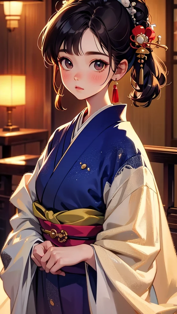 Mesa, de la máxima calidad, muy delicado y hermoso girl,muy delicado y hermoso, Teatro de obras maestras mundiales, Muy detalladoな, Muy detallado, de la máxima calidad, Muy hermoso cabello negro sedoso.,kimono,ropa japonesa,Kimono en colores apagados,Natural color kimono, Alta resolución, Muy detallado,1 chica, de la máxima calidad, forma, mirando a la audiencia, material, lienzo, aceite, Genuinoistic, realista ,Genuino,Gran fondo,fondo de otro mundo, , muy joven