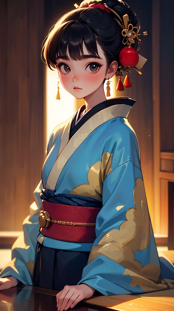 Mesa, de la máxima calidad, muy delicado y hermoso girl,muy delicado y hermoso, Teatro de obras maestras mundiales, Muy detalladoな, Muy detallado, de la máxima calidad, Muy hermoso cabello negro sedoso.,kimono,ropa japonesa,Kimono en colores apagados,Natural color kimono, Alta resolución, Muy detallado,1 chica, de la máxima calidad, forma, mirando a la audiencia, material, lienzo, aceite, Genuinoistic, realista ,Genuino,Gran fondo,fondo de otro mundo, , muy joven